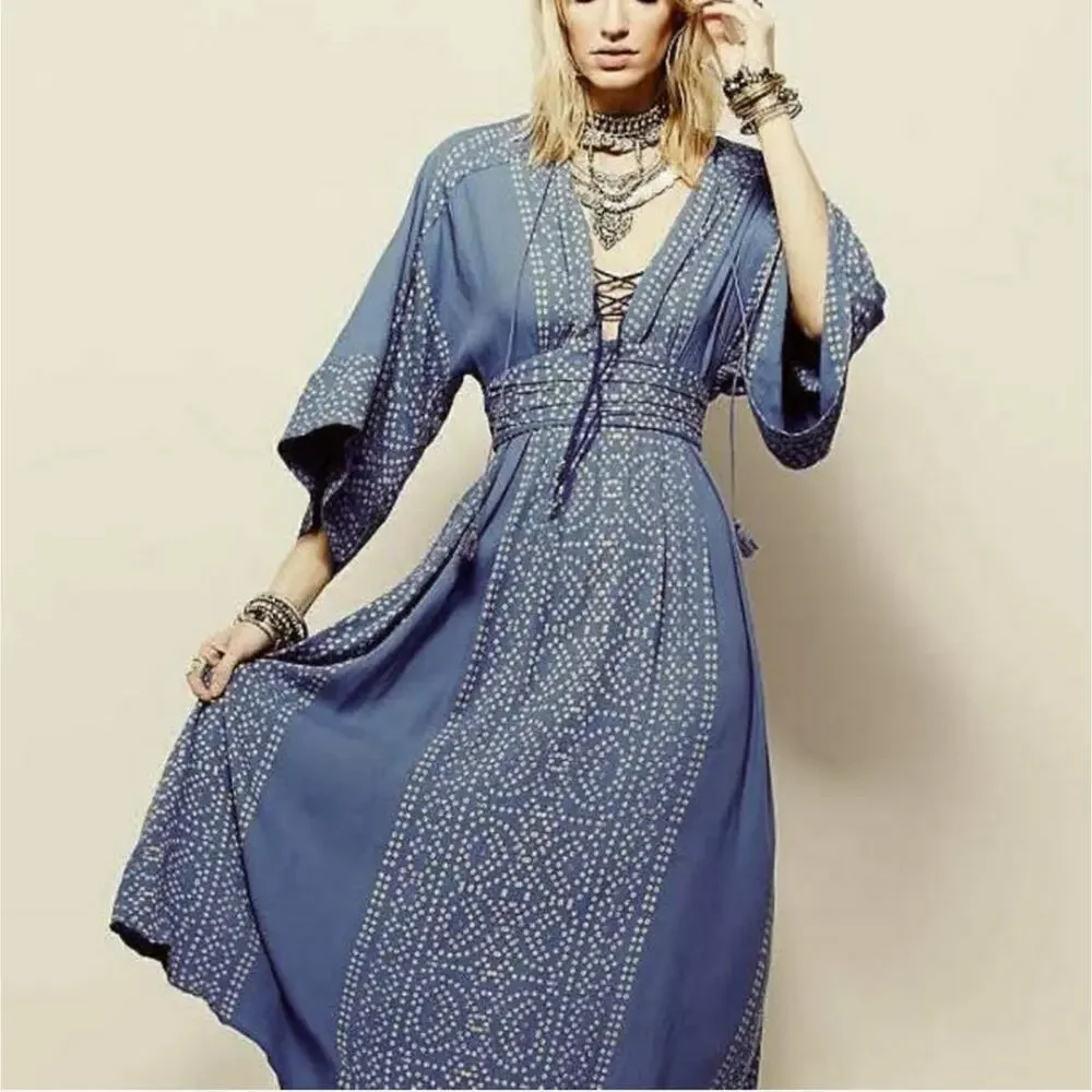 Free People Blue Boho Wide Sleeve Midi Dress - Picture 9 of 12